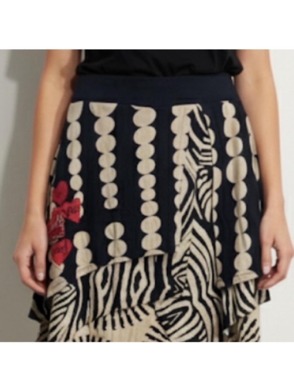 Desigual Size Large Layered Flutter Skirt Black Tan Striped Polka Dot Heart